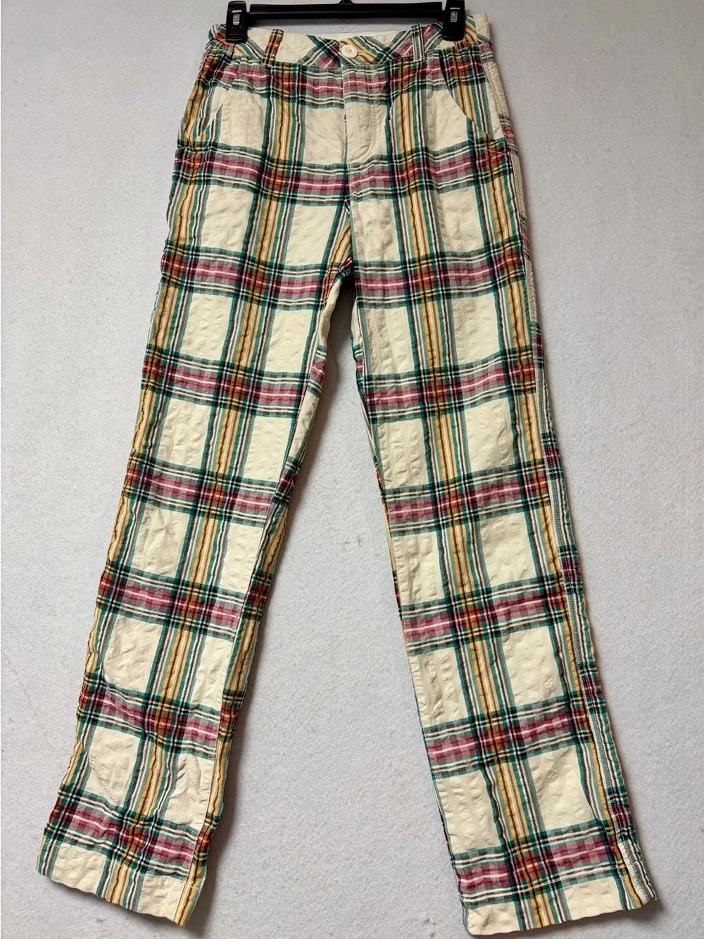Free People Marlowe Yard Dye Plaid Seersucker Pants Size 4 Cotton Straight Leg